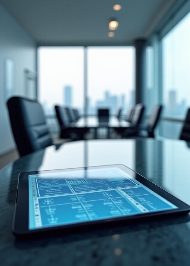 Modern professional office consultation area with data visualization tools